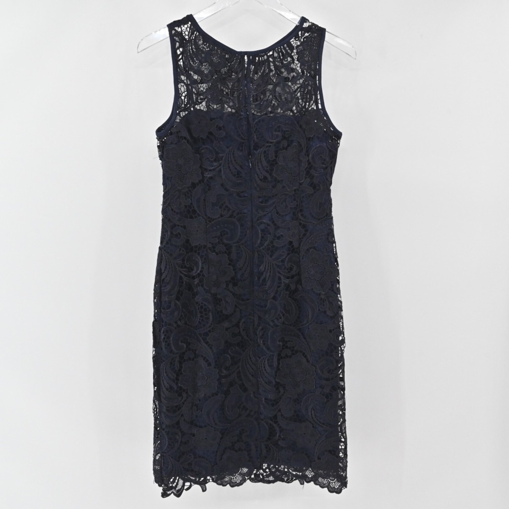 Adrianna Papell Lace Sheath Dress Womens Size 6 Navy Blue Floral Cocktail Party - Picture 3 of 12